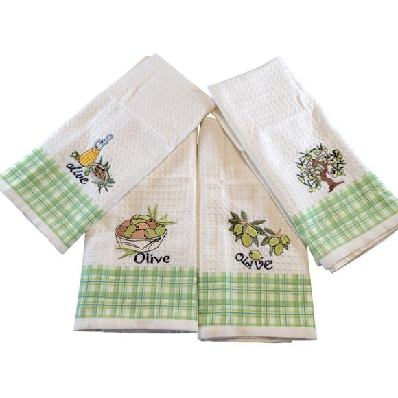 4 Olive Kitchen Towels Lavien Embroidered Waffle Cotton Blend 16x24" Green Plaid - Picture 1 of 13